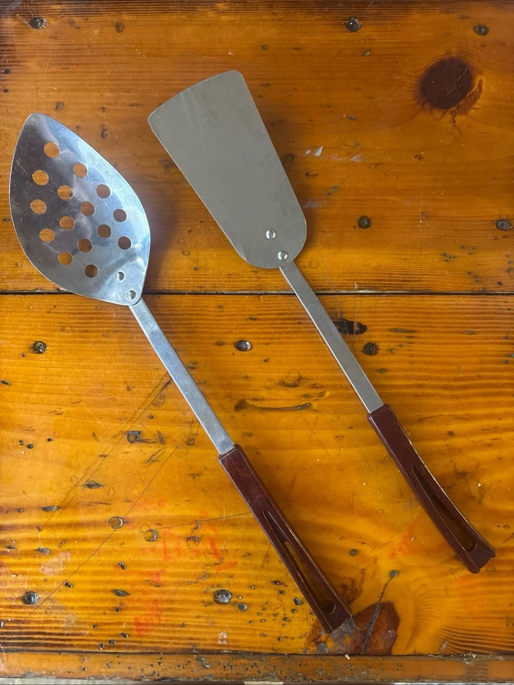 Metal Slotted Turner and Spatula Set with Brown Handles